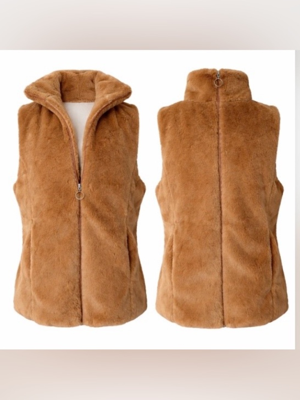 Faux Fur Vest Beige Tan Zip Front Pockets Sleeveless Chic Streetwear Y2K Coat